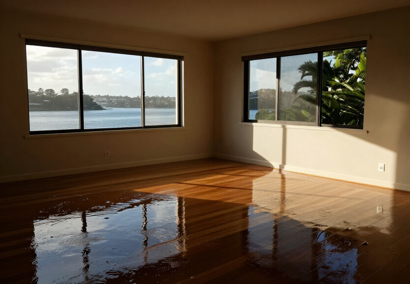 Flooded living room in South Granville before restoration